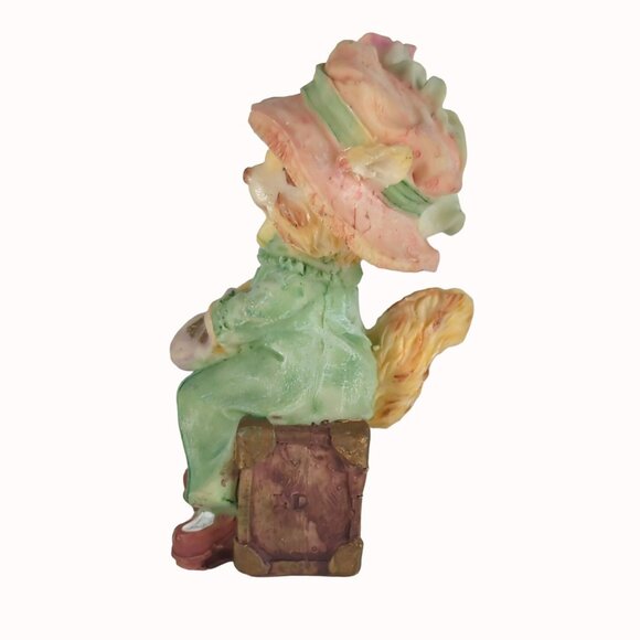 Vintage Cat In Green Dress With Pink Hat Anthropomorphic Resin Figurine - Picture 2 of 5